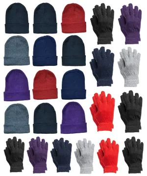 24 Piece Winter Set - 12 Pack Beanie Hats   12 Pairs Winter Gloves, for Men & Women, Bulk Cold Weather Kits