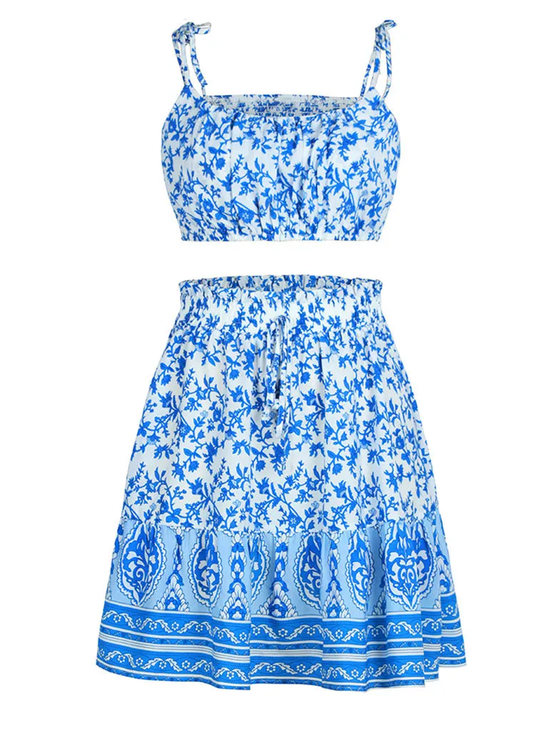 2PS Blue Spaghetti Strap Floral Print Top With Bohemia Holiday Skirt Suit For Women