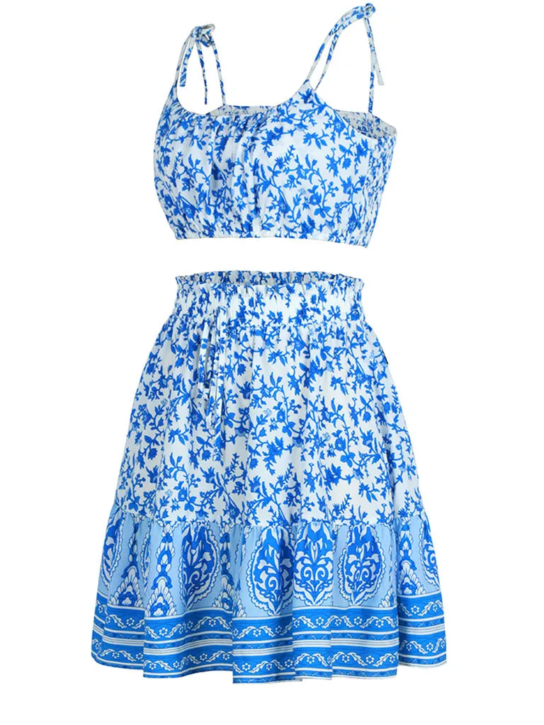 2PS Blue Spaghetti Strap Floral Print Top With Bohemia Holiday Skirt Suit For Women