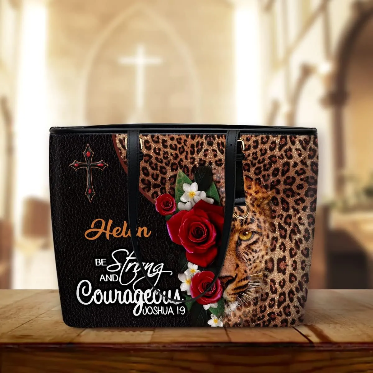 Be Strong & Courage Personalized Large Leather Tote Bag - Christian Inspirational Gifts For Women