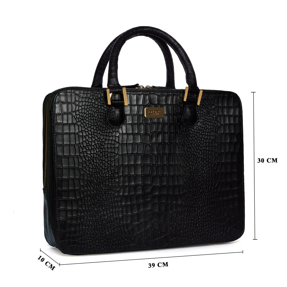 Black Laptop Briefcase In Croco Textured Leather