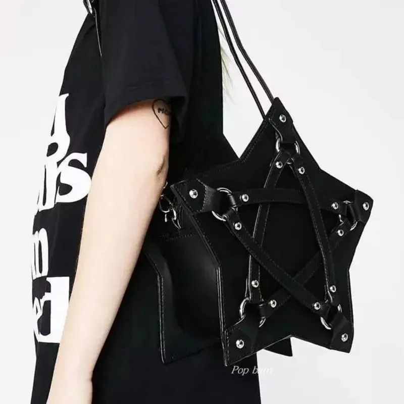 Black Pentagram Leather Unisex Retro Punk Casual Fashion Gothic Designer Bag