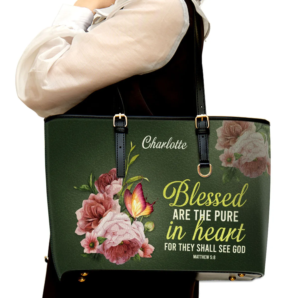 Blessed Are The Pure In Heart Matthew 58 Personalized Large Leather Tote Bag - Christian Gifts For Women