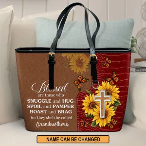 Blessed Are Those Who Snuggle And Hug Personalized Large Leather Tote Bag - Christian Gifts For Women