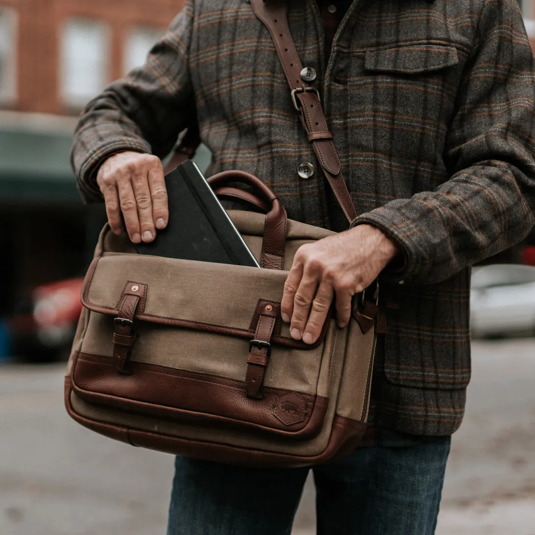 Dakota Reserve Waxed Canvas Leather Briefcase | Field Khaki with Chestnut Brown