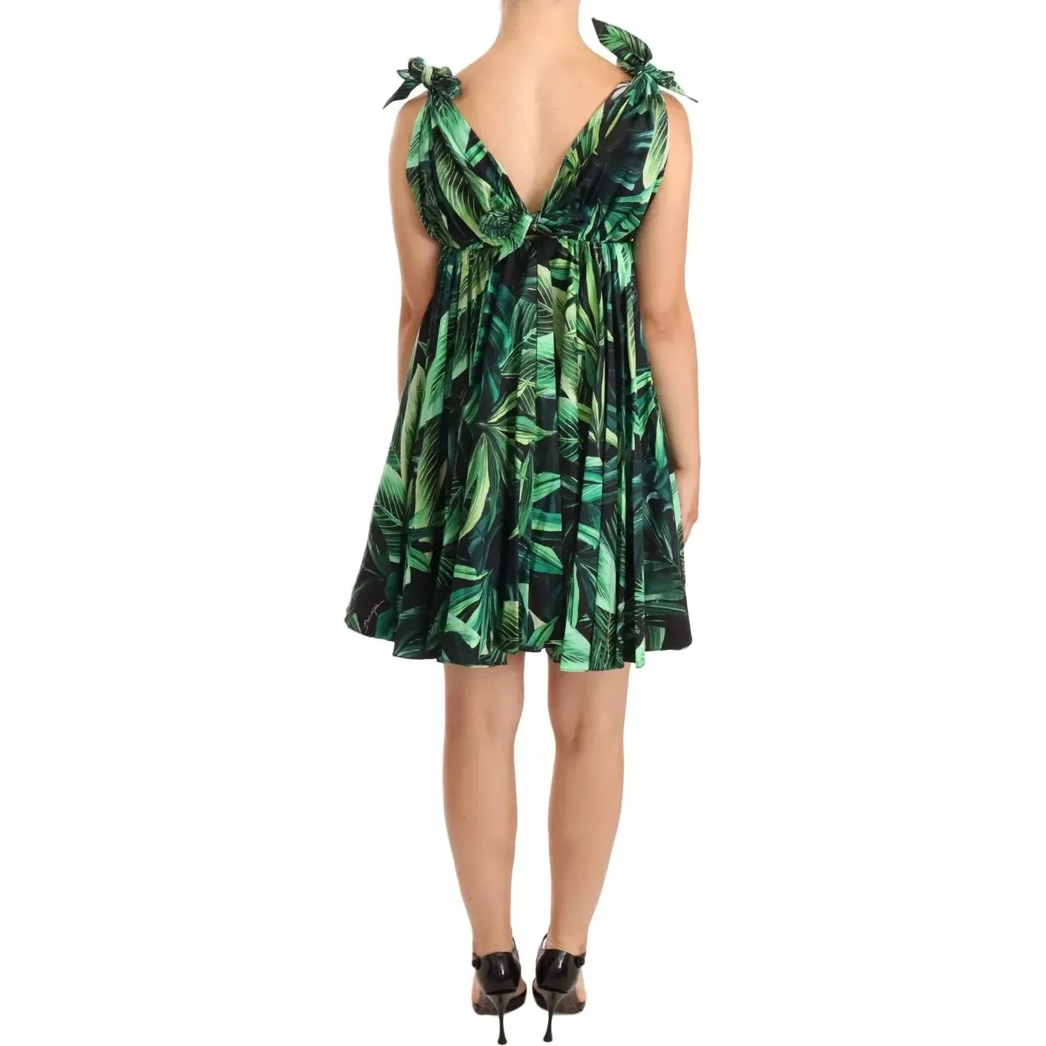 Dolce & Gabbana Green Leaves Print Cotton Flared Mini Dress