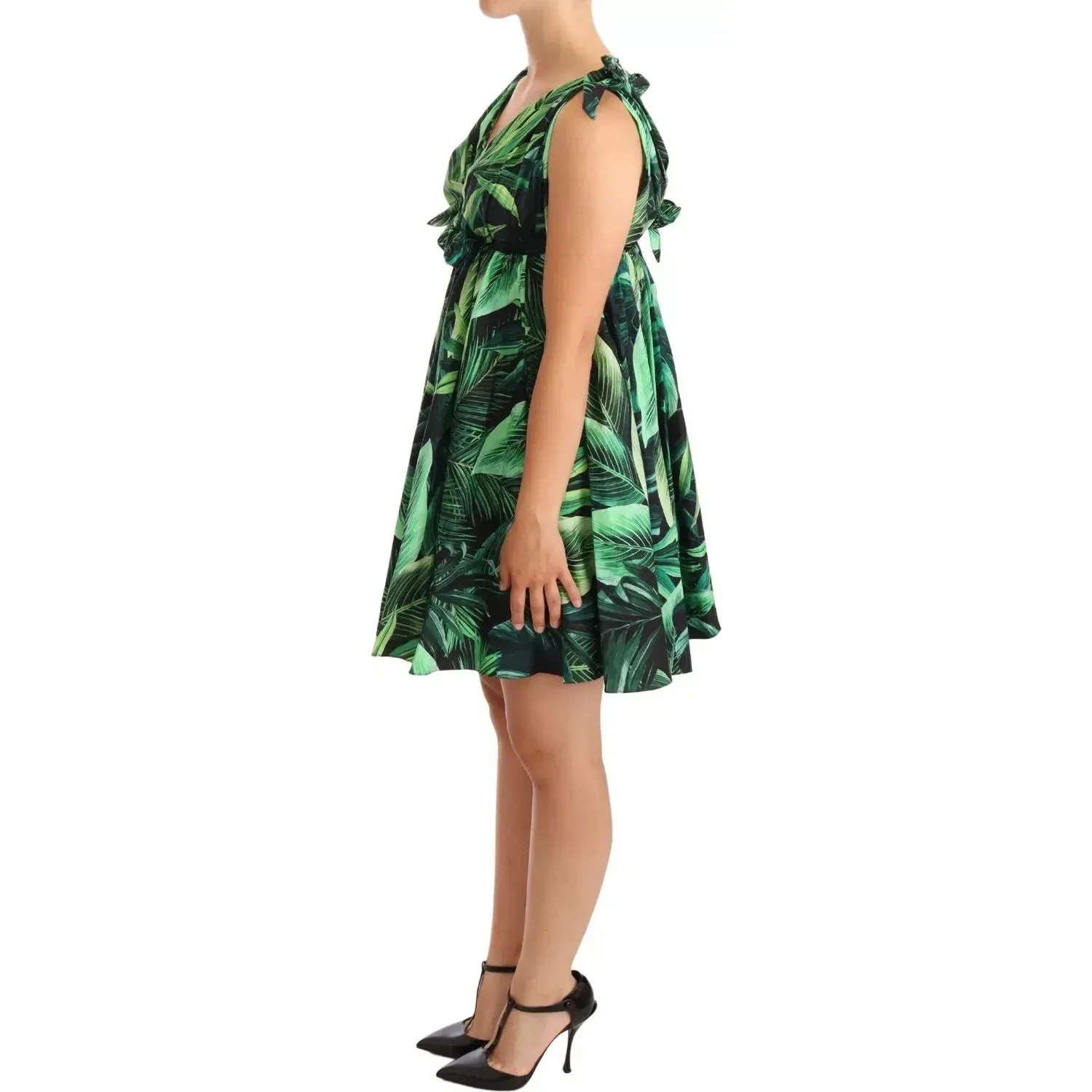 Dolce & Gabbana Green Leaves Print Cotton Flared Mini Dress