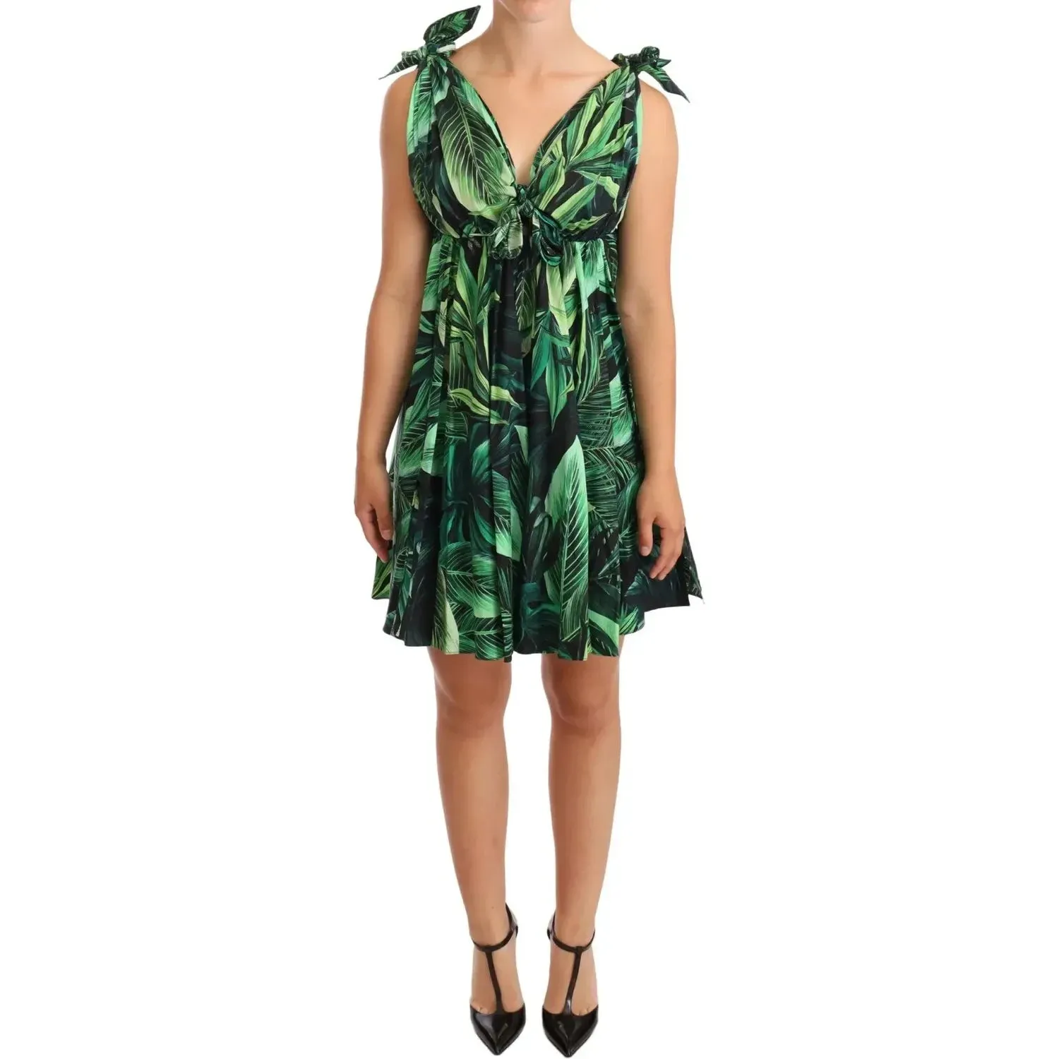 Dolce & Gabbana Green Leaves Print Cotton Flared Mini Dress