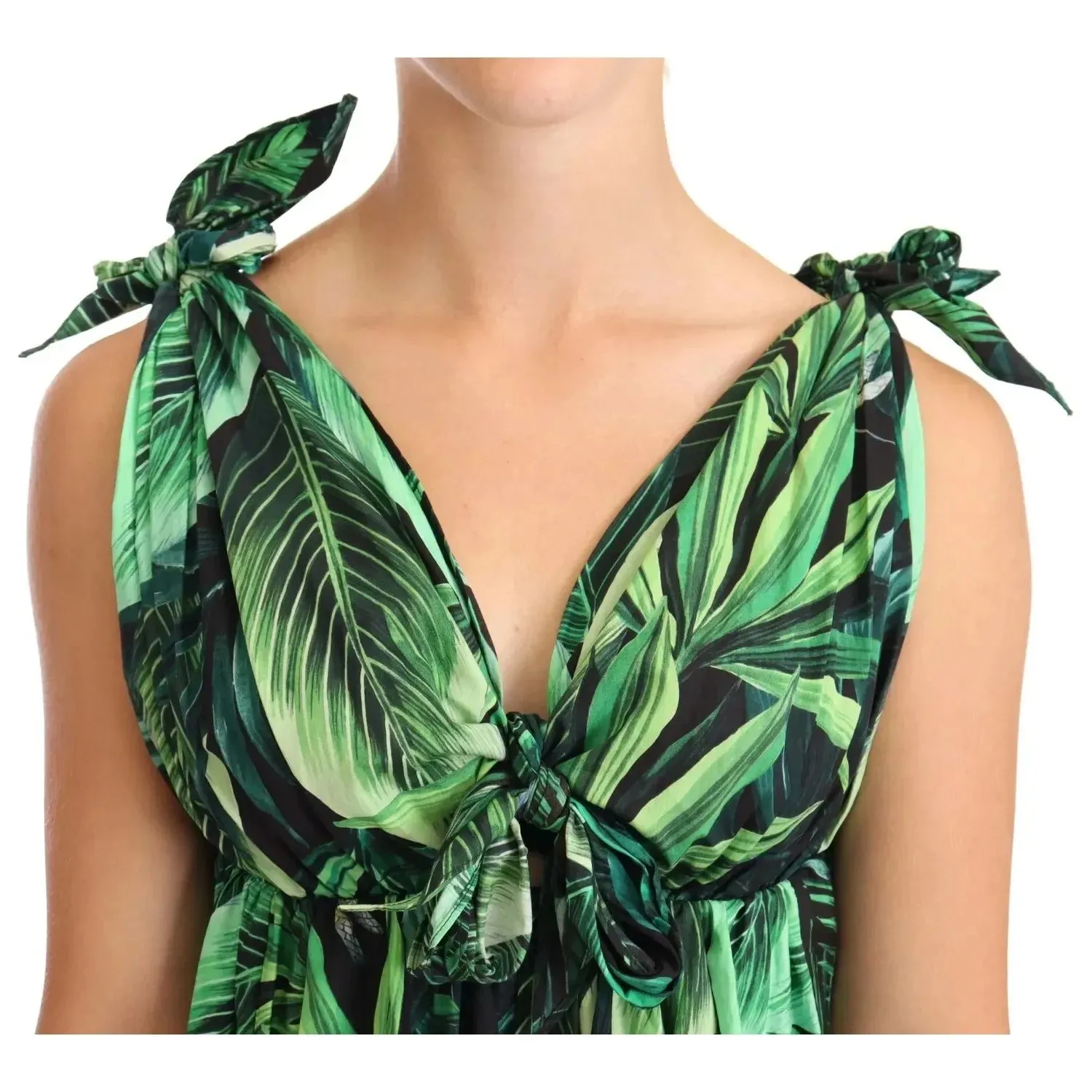 Dolce & Gabbana Green Leaves Print Cotton Flared Mini Dress