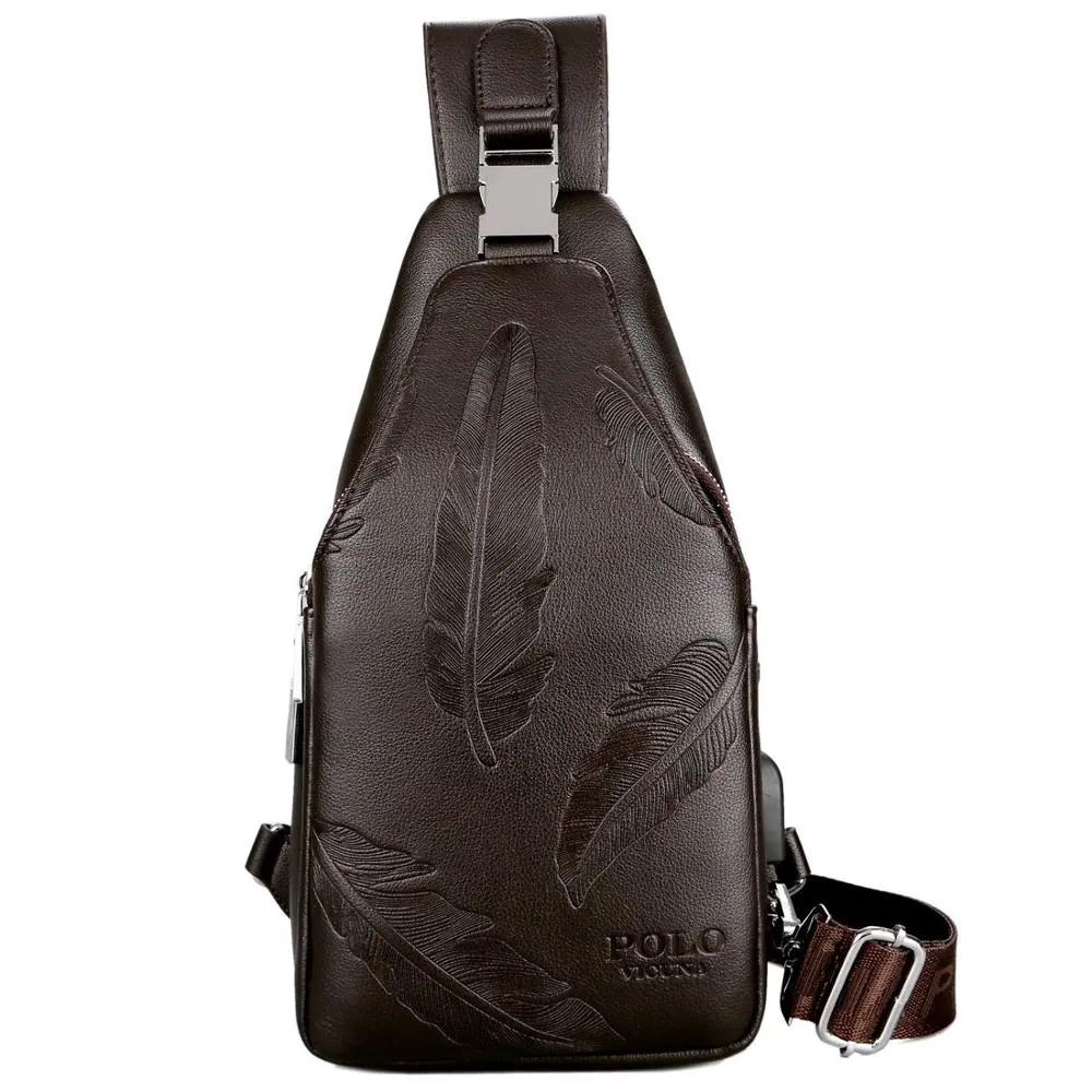 Double Pocket Feather Embossed Leather Shoulder Bag