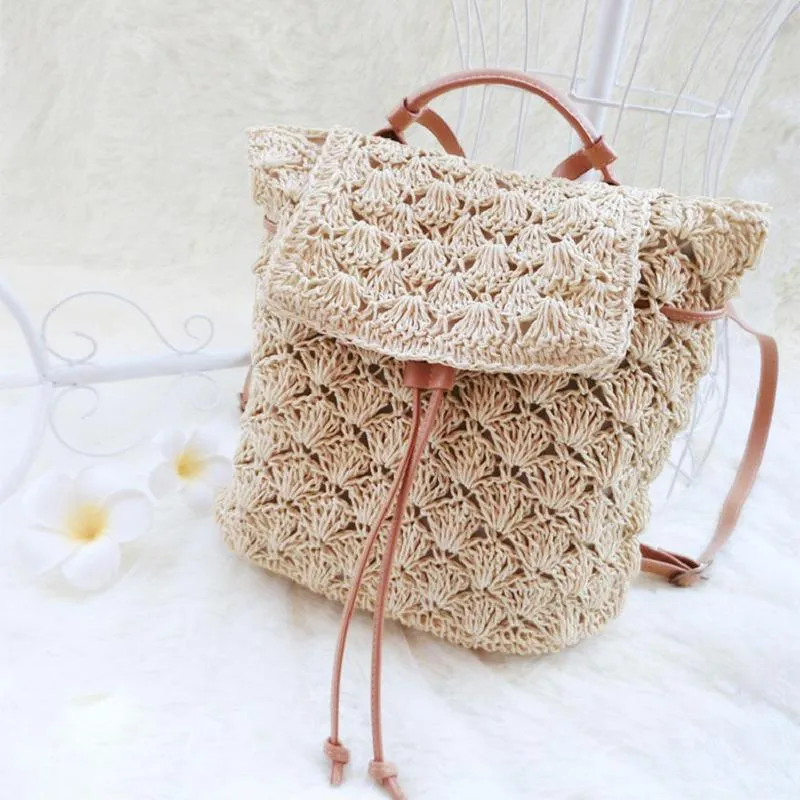 Drawstring Hollow Out  Straw Knitted Tote Bag