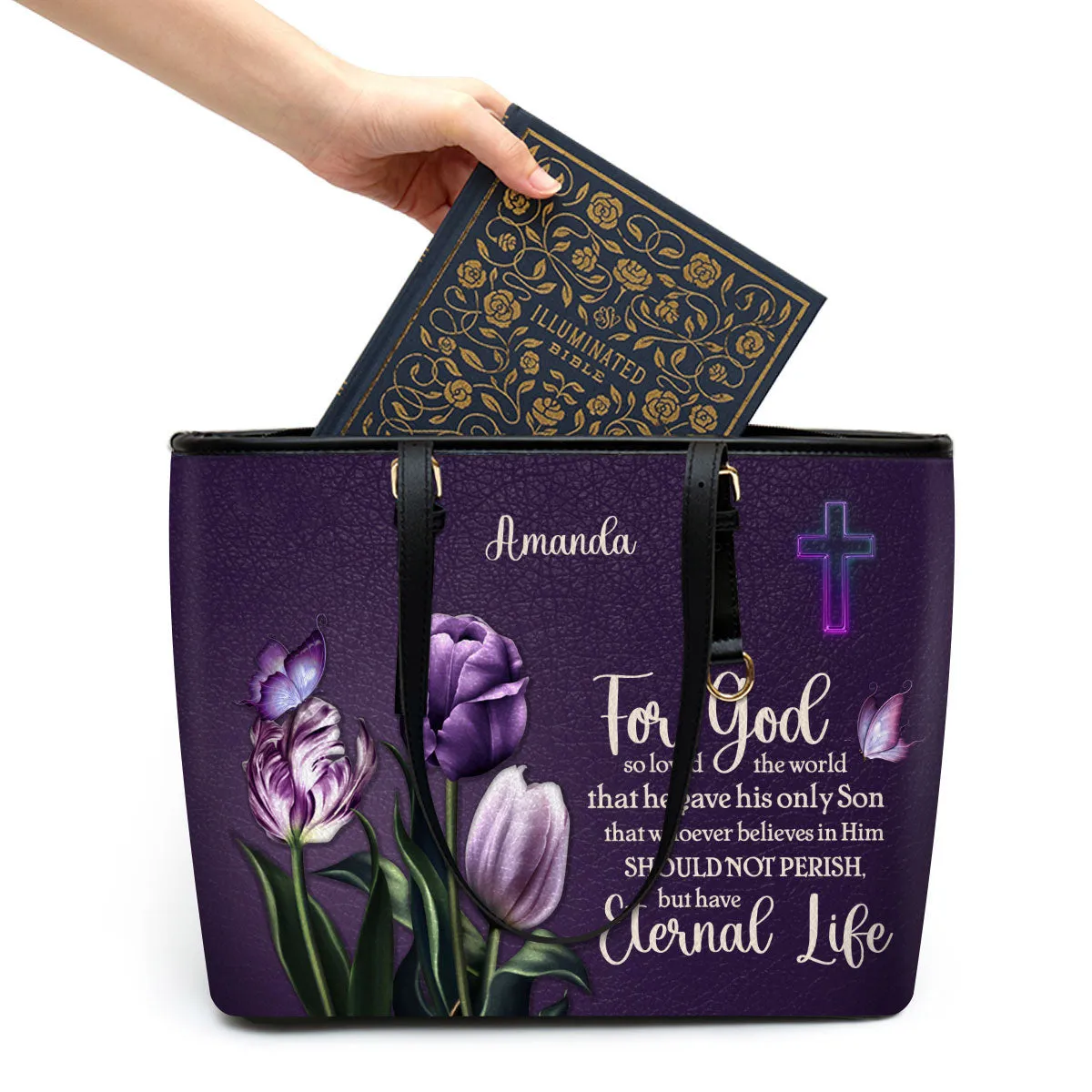 For God So Loved The World Personalized Leather Tote Bag - Christian Gifts For Women