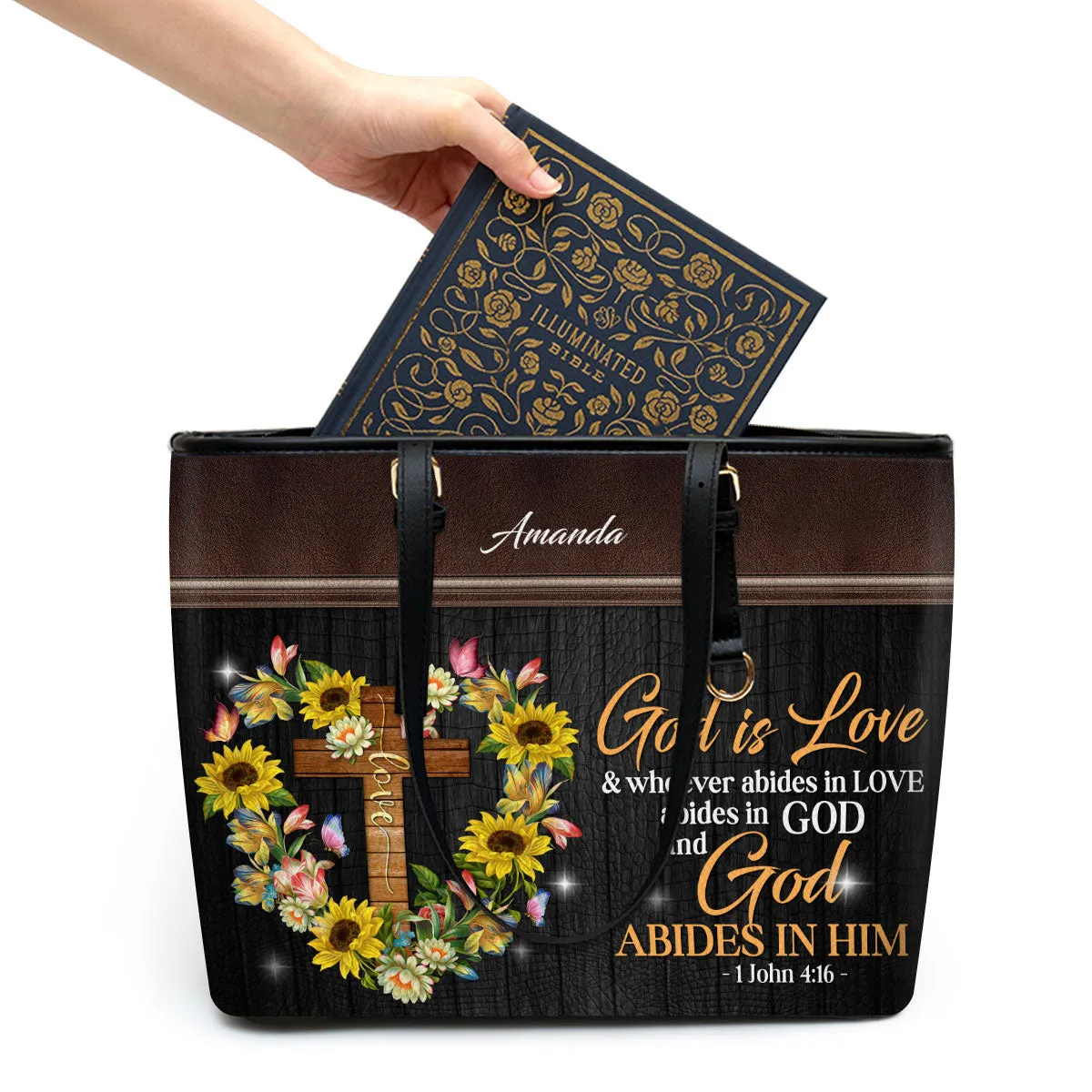 God Is Love Cross Sunflower Personalized Large Leather Tote Bag - Christian Gifts For Women