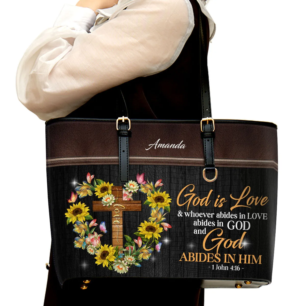 God Is Love Cross Sunflower Personalized Large Leather Tote Bag - Christian Gifts For Women