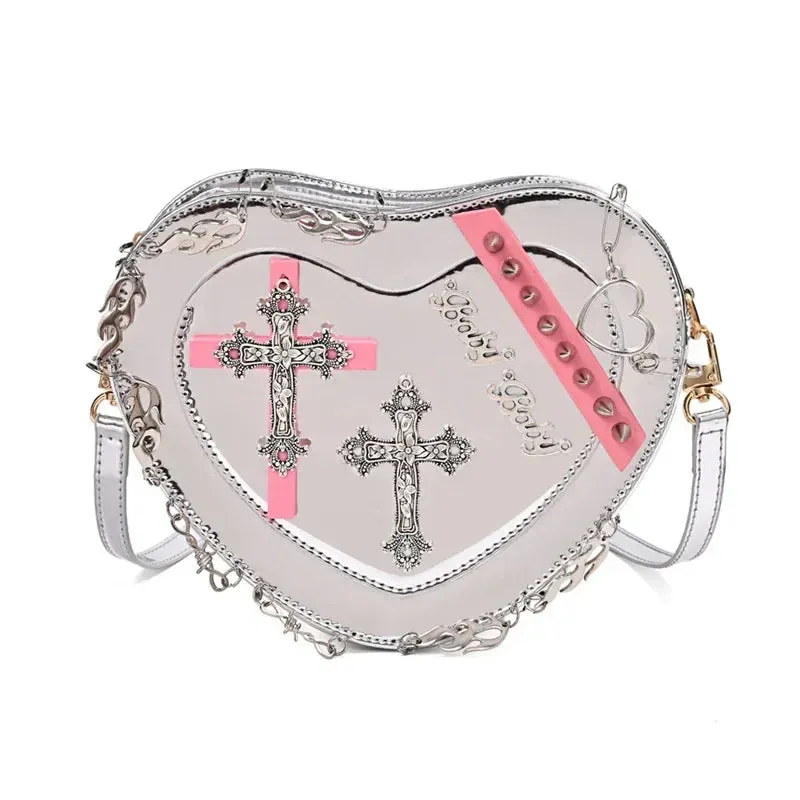 Gothic Heart-Shaped Leather Crossbody Shoulder Bag