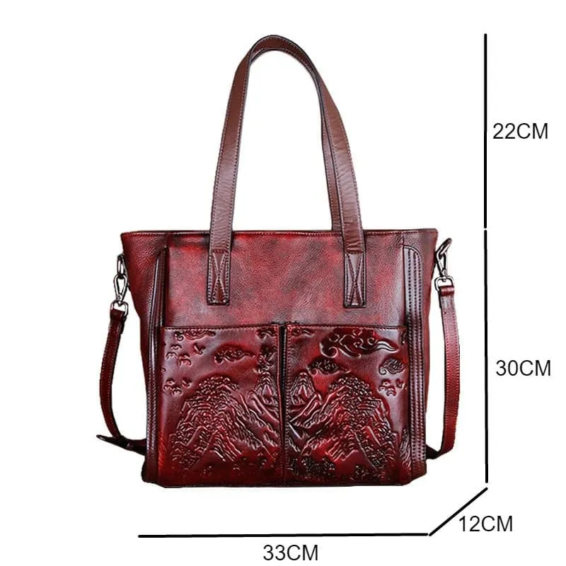 Handmade Embossed Tote Bag - Genuine Leather, Vintage Style, Landscape Pattern - Motaora H357 (Single Strap)