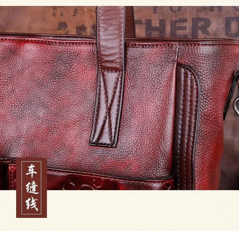 Handmade Embossed Tote Bag - Genuine Leather, Vintage Style, Landscape Pattern - Motaora H357 (Single Strap)