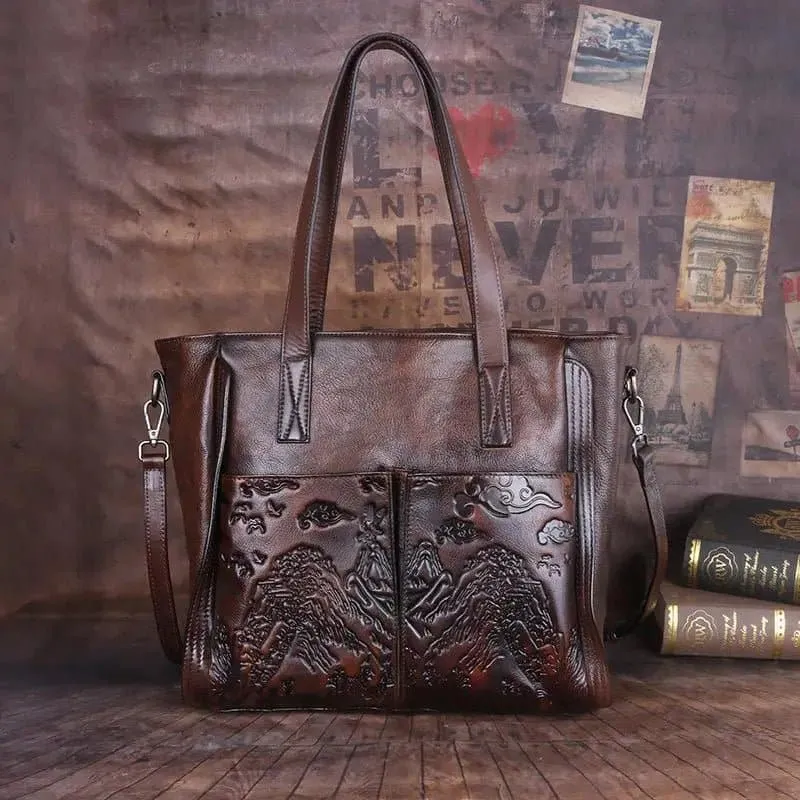 Handmade Embossed Tote Bag - Genuine Leather, Vintage Style, Landscape Pattern - Motaora H357 (Single Strap)