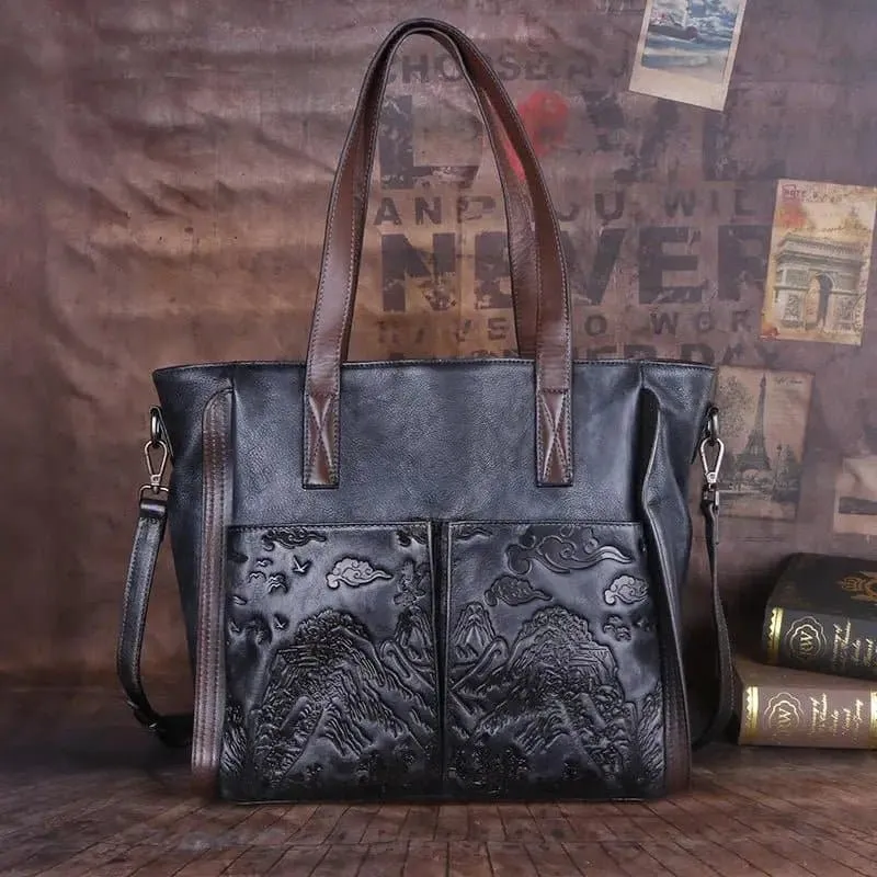 Handmade Embossed Tote Bag - Genuine Leather, Vintage Style, Landscape Pattern - Motaora H357 (Single Strap)