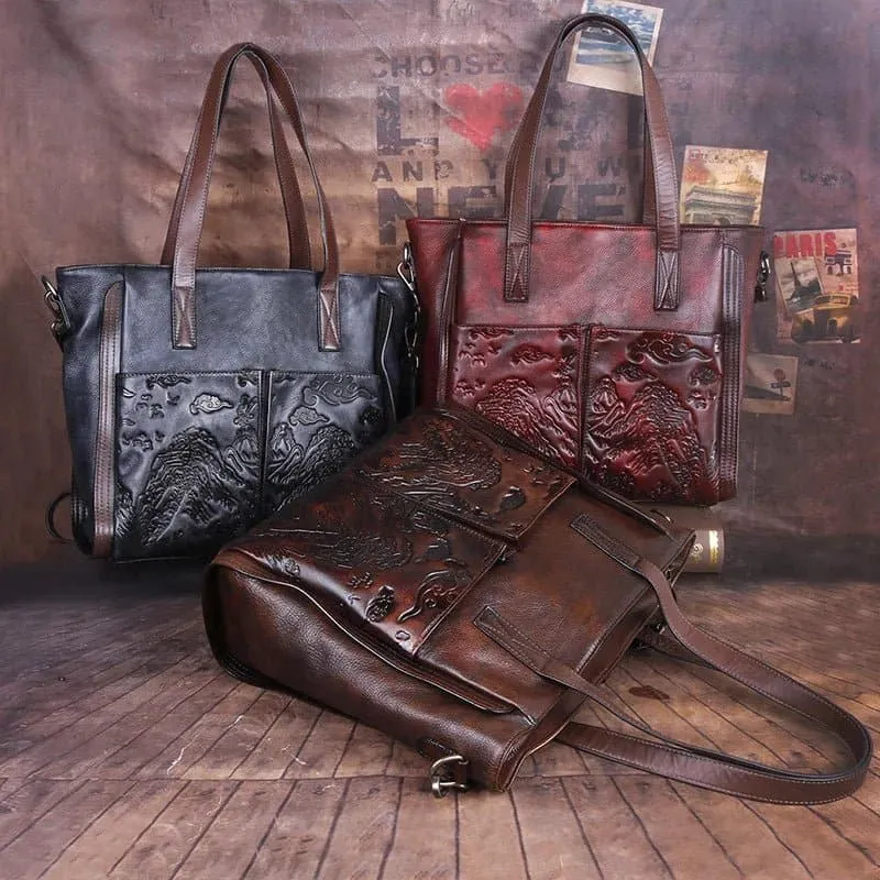 Handmade Embossed Tote Bag - Genuine Leather, Vintage Style, Landscape Pattern - Motaora H357 (Single Strap)