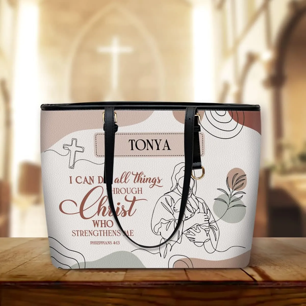 I Can Do All Things Personalized Large Leather Tote Bag - Christian Inspirational Gifts For Women