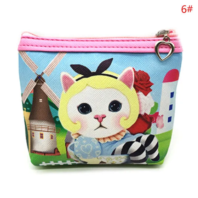 JETTING 1PC Animal Cartoon Handhold Change Wallet Card Holder Zipper Coin Purse Key Chain For Girls Leather Lovely Cat Kids