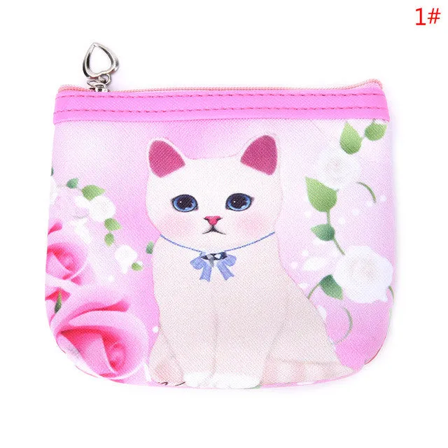 JETTING 1PC Animal Cartoon Handhold Change Wallet Card Holder Zipper Coin Purse Key Chain For Girls Leather Lovely Cat Kids