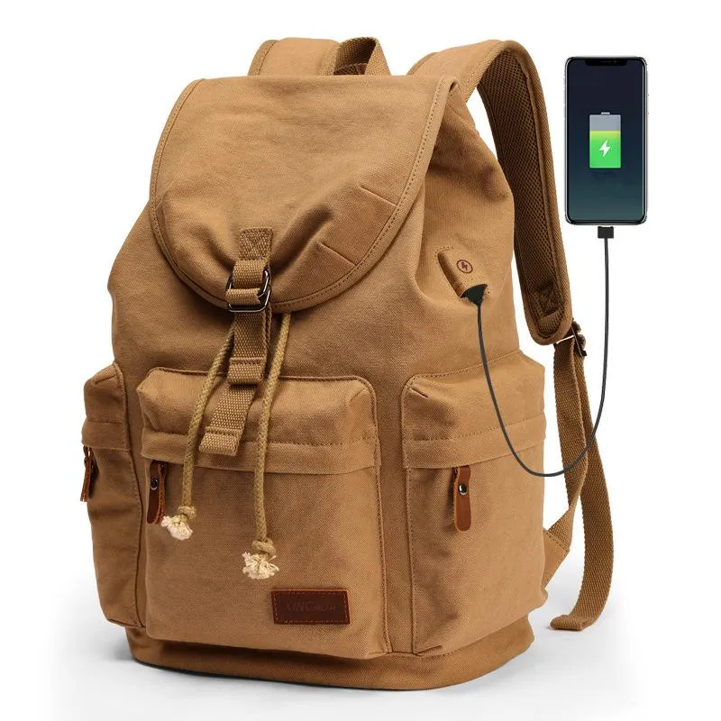 Men Retro Daily Canvas Backpack With USB Charging Port