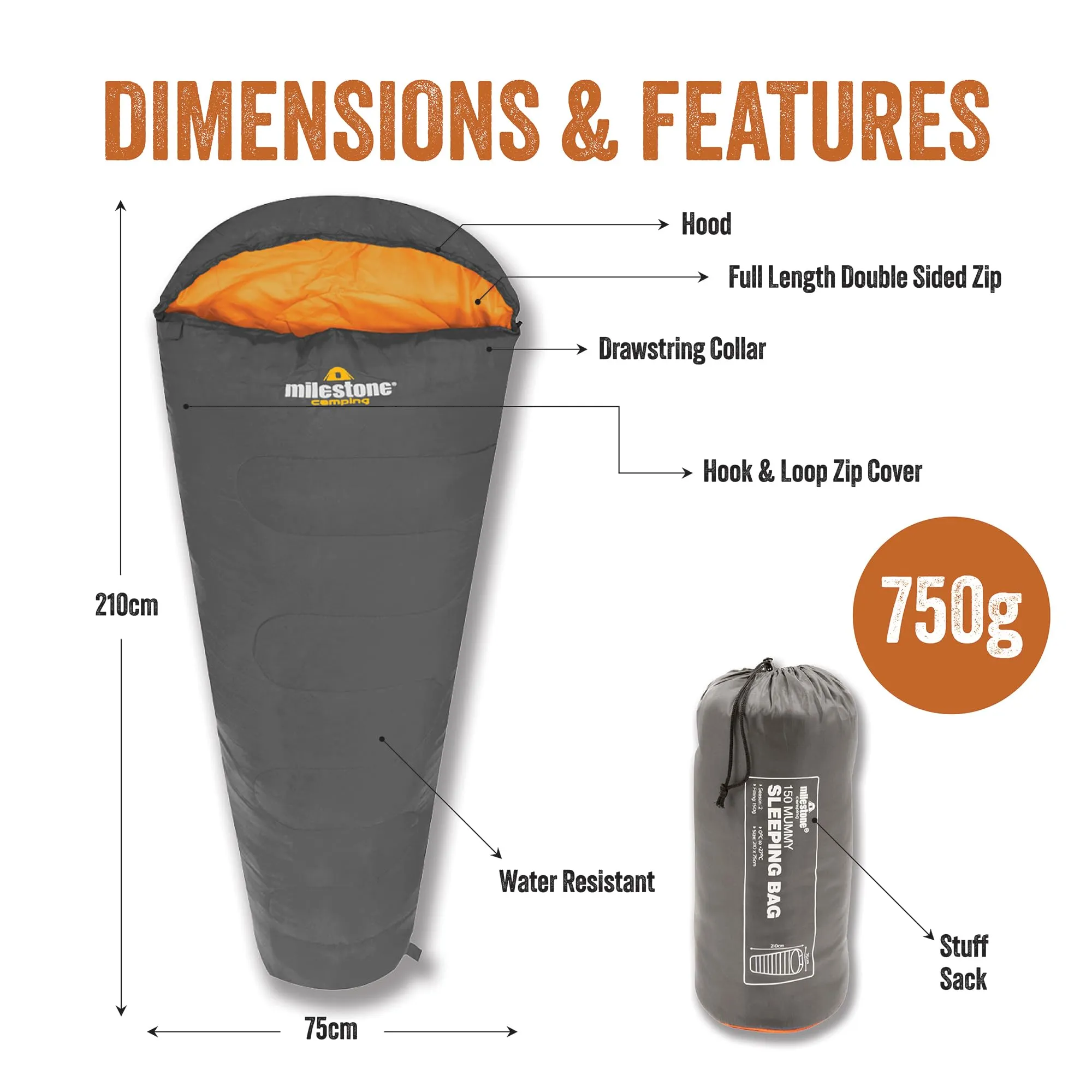 Milestone Camping 27000 Grey & Orange Single Mummy Sleeping Bag/Comfortable and Portable/Carry Sack/Water Resistant / 2 Season