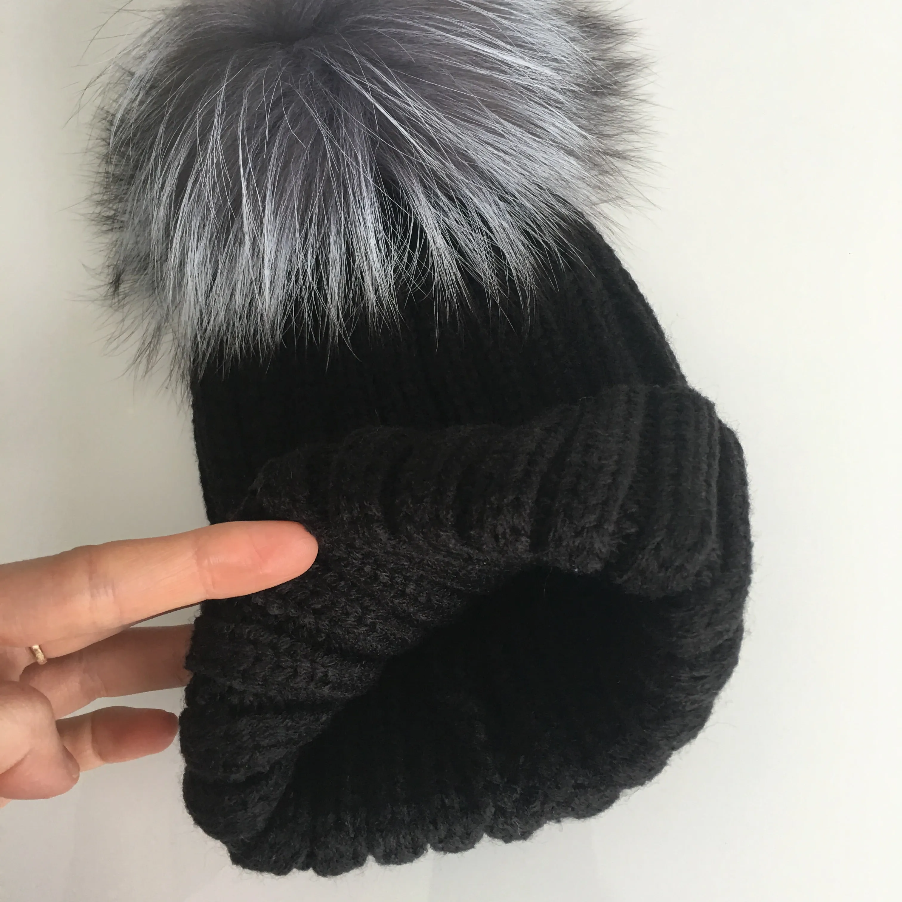 Mini Kids Silver Fox Fur Black Pomkin Hat