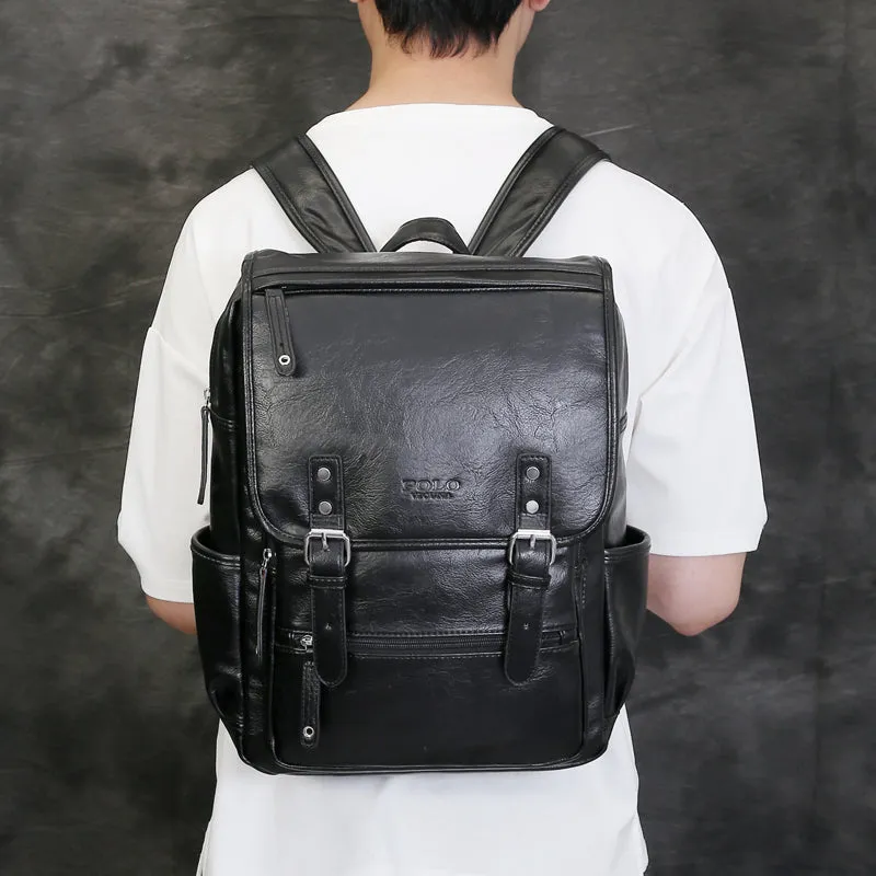 Multi Front Pocket Double Belt Leather Backpack