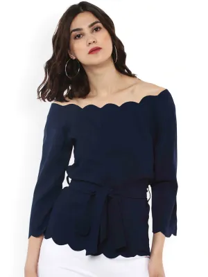 Navy Off Shoulder Scalloped Top