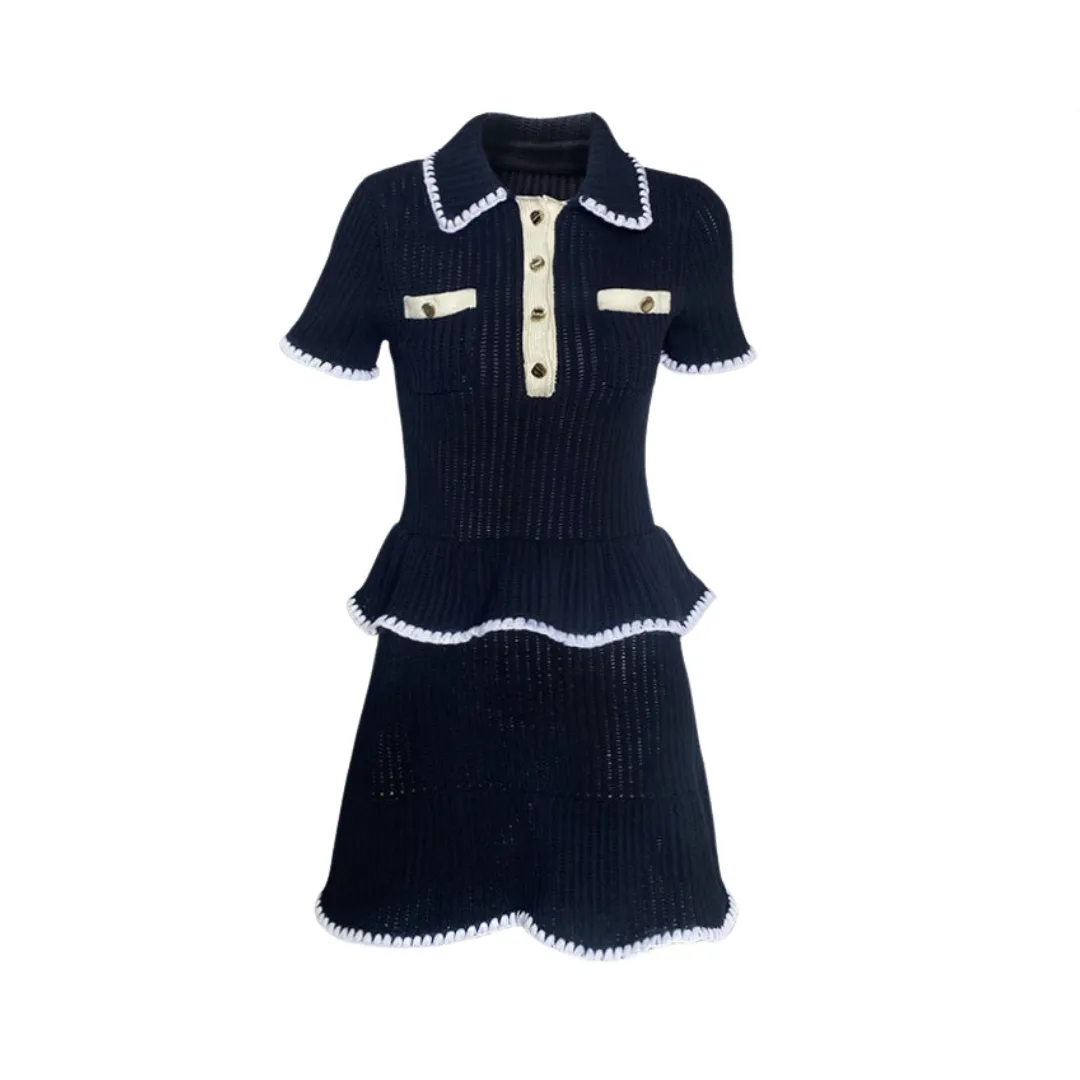 Pre Order:  Blue Ruffled Edge Short Sleeved Knitted Dress