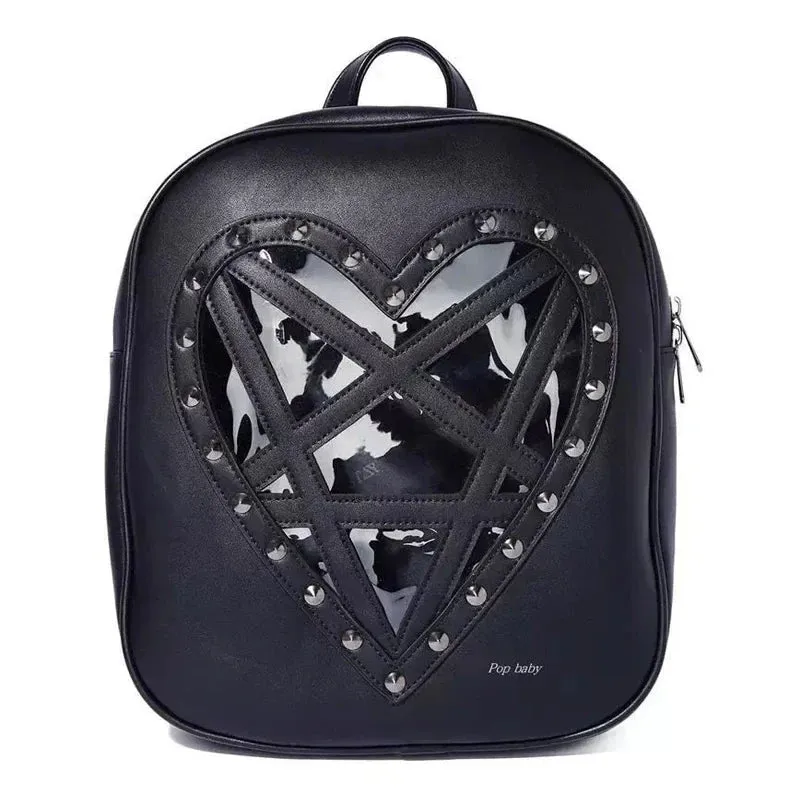 Punk PU Gothic Cosplay Rock Leather Pentacle Black Out Heart Hollow Bag