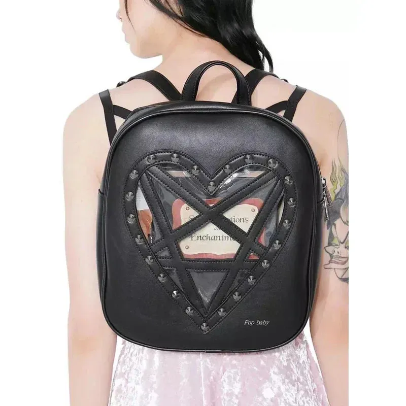 Punk PU Gothic Cosplay Rock Leather Pentacle Black Out Heart Hollow Bag