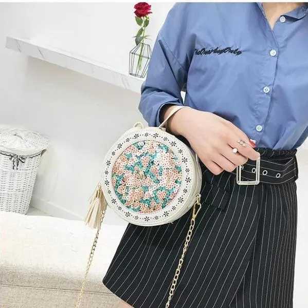 Sequins Bling Tassel Chain Leather Shoulder Bag