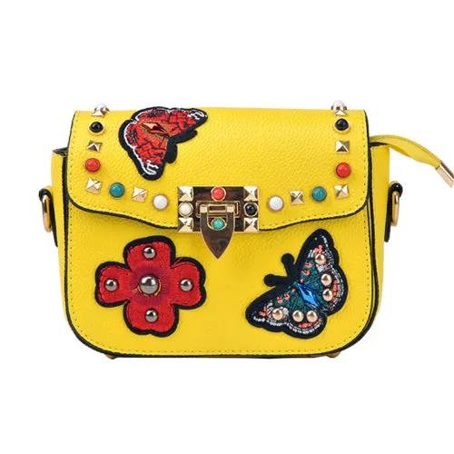 Small Leather Designer Hand Bag Embroidered with Butterflies