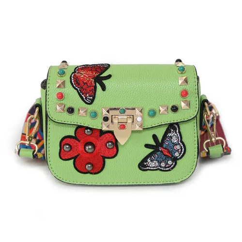 Small Leather Designer Hand Bag Embroidered with Butterflies