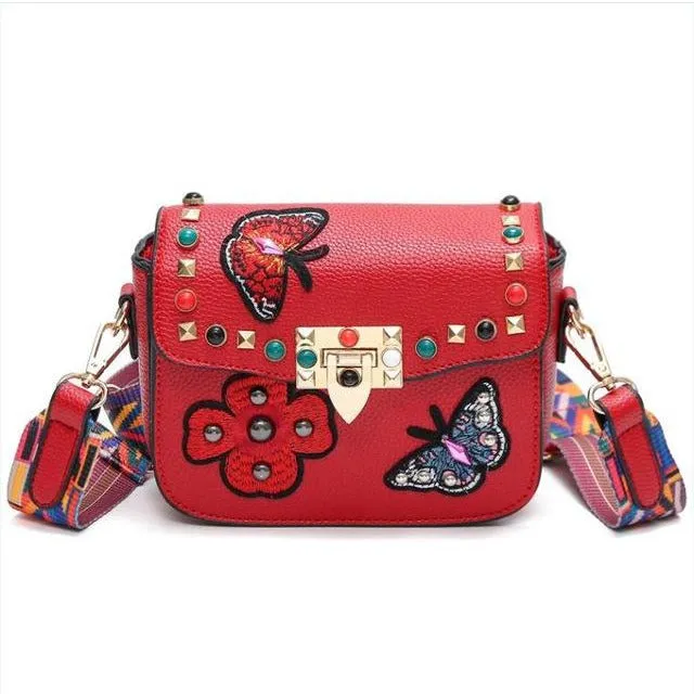 Small Leather Designer Hand Bag Embroidered with Butterflies