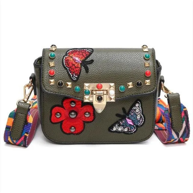 Small Leather Designer Hand Bag Embroidered with Butterflies