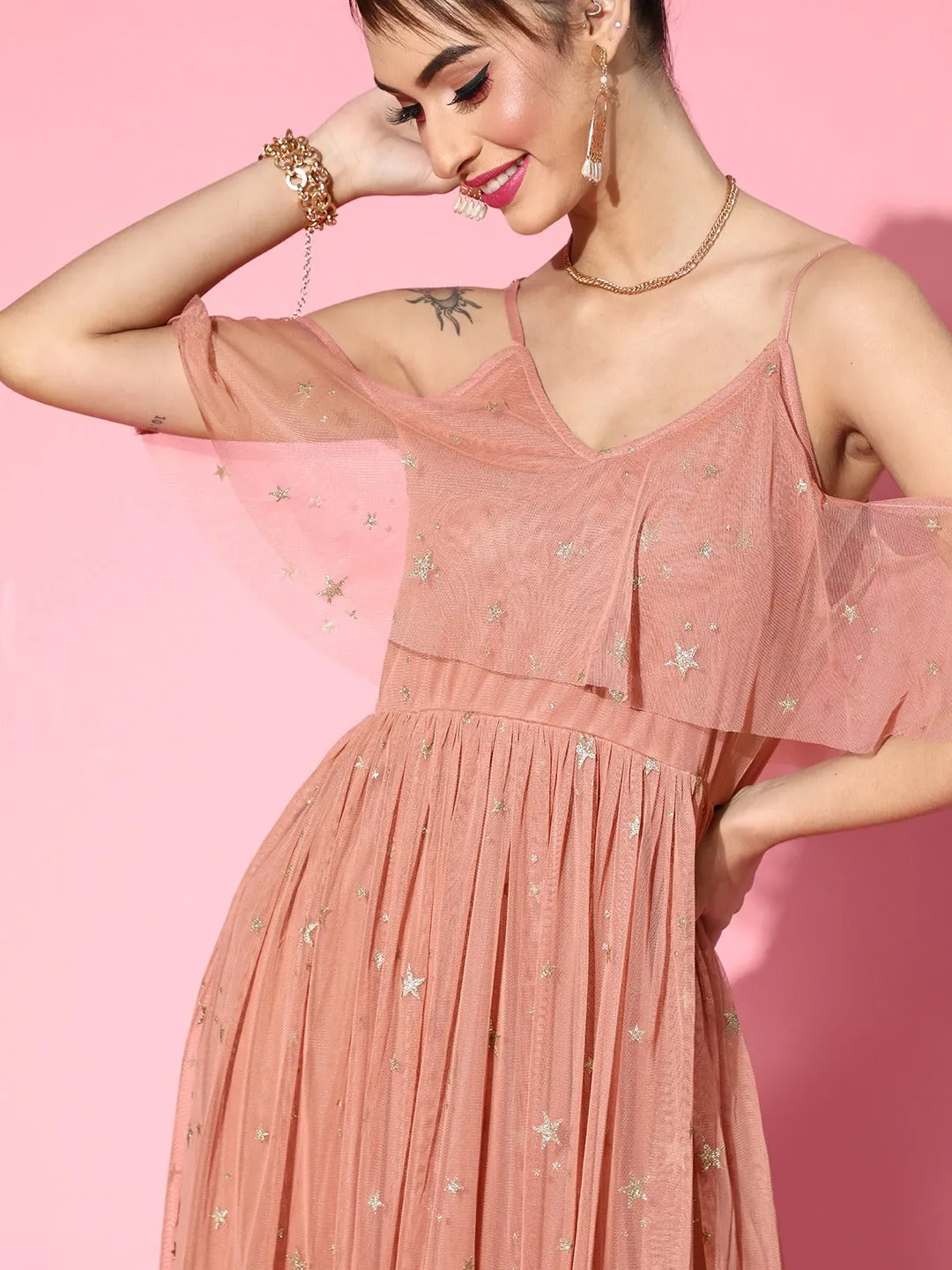 Women Dusty Pink Cold Shoulder Strappy Mesh Lurex Maxi Dress