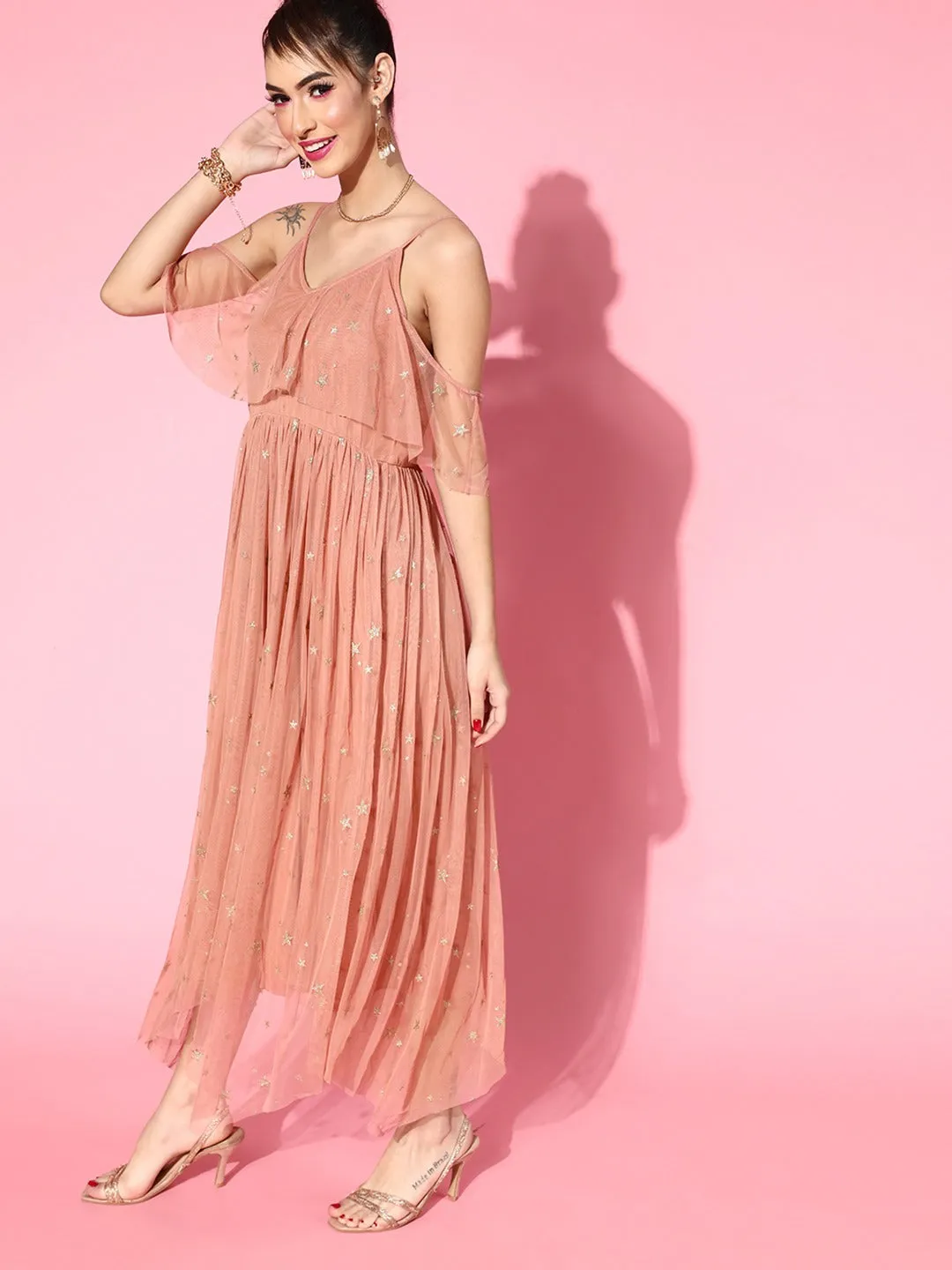 Women Dusty Pink Cold Shoulder Strappy Mesh Lurex Maxi Dress