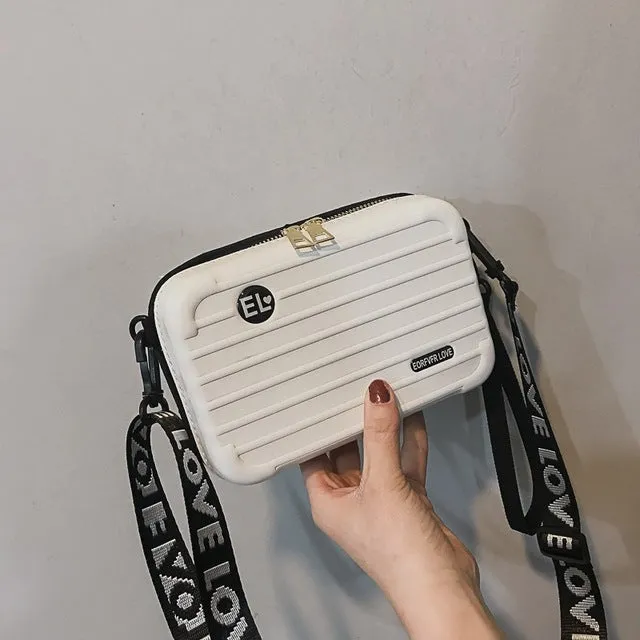 Women Mini Suitcase Shape Crossbody Bag Fashion High Quality Small Shoulder Bag with Wide Letter Strap Girl Clutch Handbag