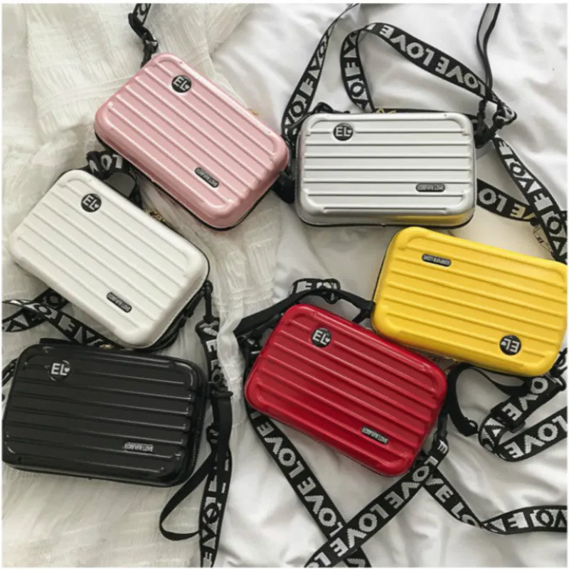 Women Mini Suitcase Shape Crossbody Bag Fashion High Quality Small Shoulder Bag with Wide Letter Strap Girl Clutch Handbag