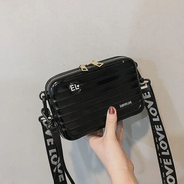 Women Mini Suitcase Shape Crossbody Bag Fashion High Quality Small Shoulder Bag with Wide Letter Strap Girl Clutch Handbag