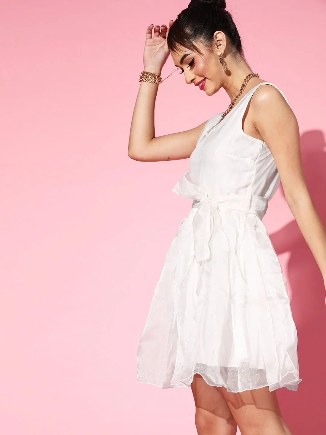 Women Off-White Sleeveless Belted Mini Dress