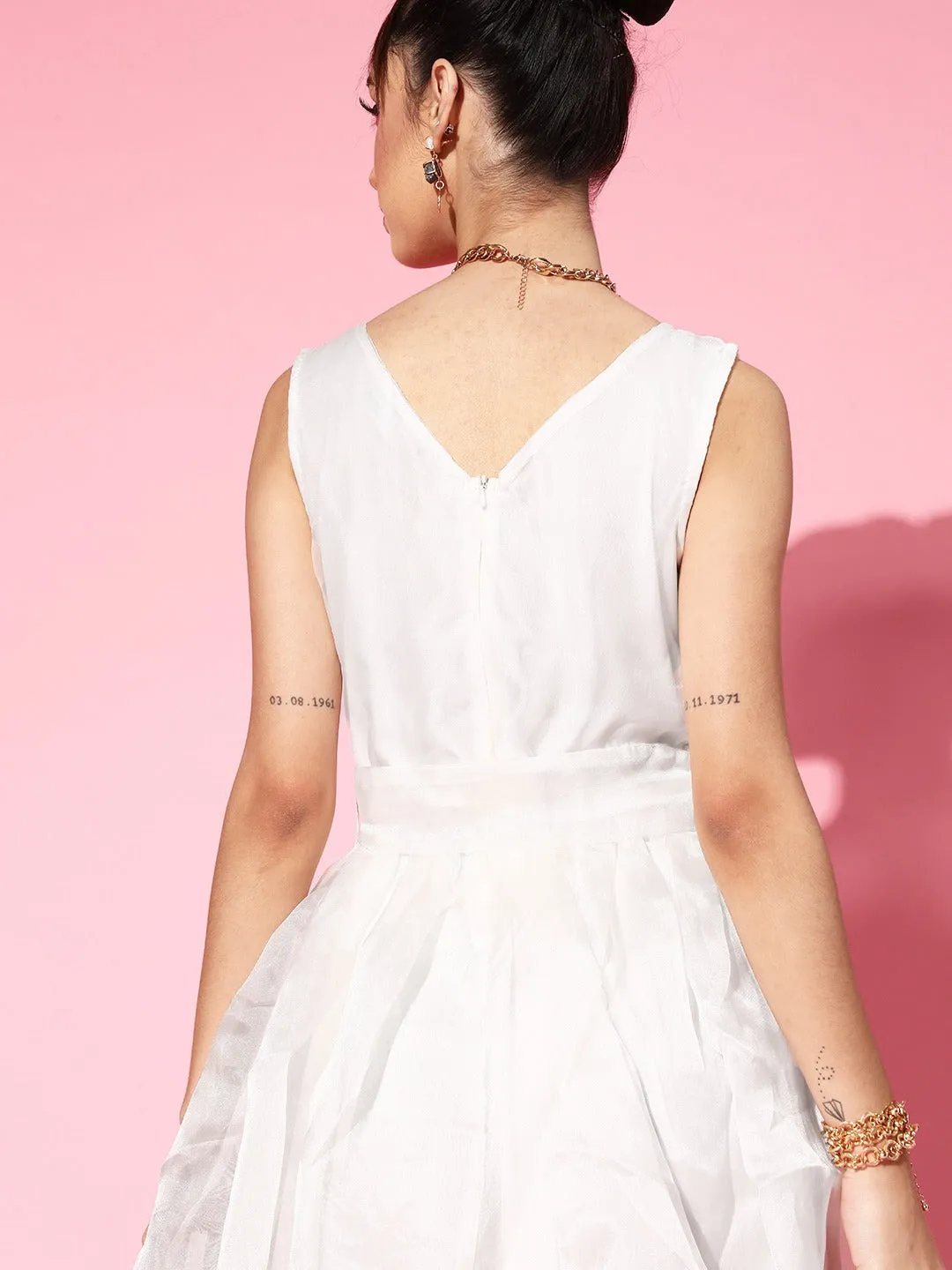 Women Off-White Sleeveless Belted Mini Dress