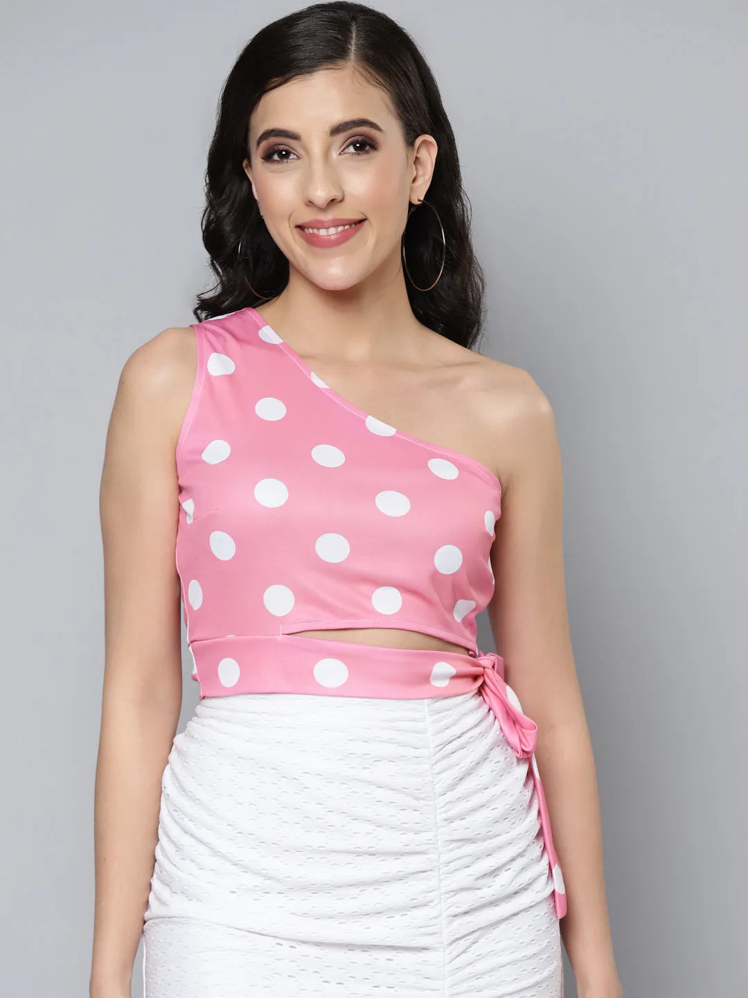 Women Pink & White Polka Dot One Shoulder Top